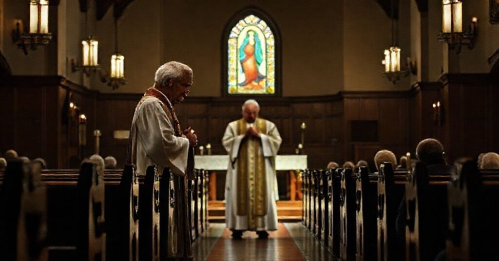 Pusty kościół tradycyjny z księżycem w kaplicy i wyznawcy modlitwy