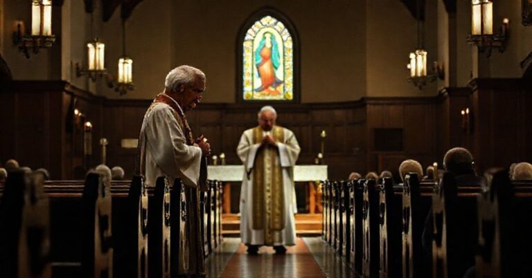 Pusty kościół tradycyjny z księżycem w kaplicy i wyznawcy modlitwy