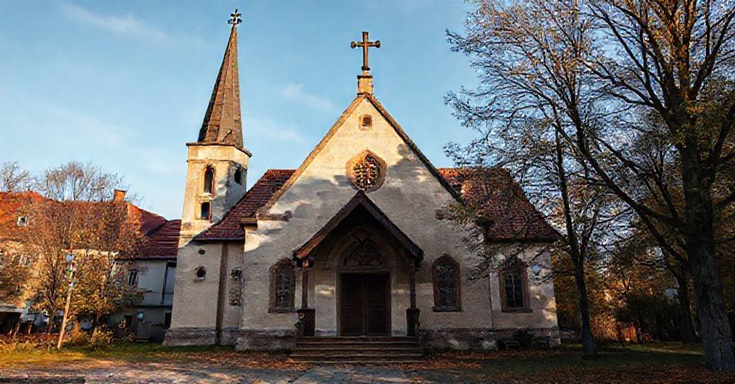 Stary kościół katolicki na tle zniszczonych domów na Zachodnim Brzegu, z modlącym się księdzem w przodzie