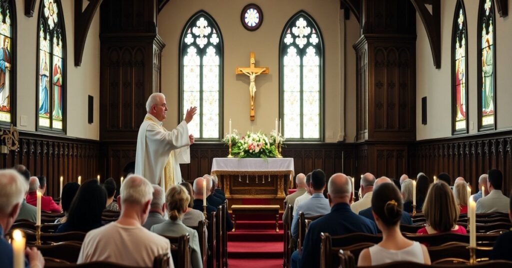 Wnętrze tradycyjnego kościoła katolickiego z drewnianymi ławkami i witrażami przedstawiającymi świętych. Ksiądz w sutannie i szatę stoje przy ołtarzu. Wierni modlą się na kolanach.