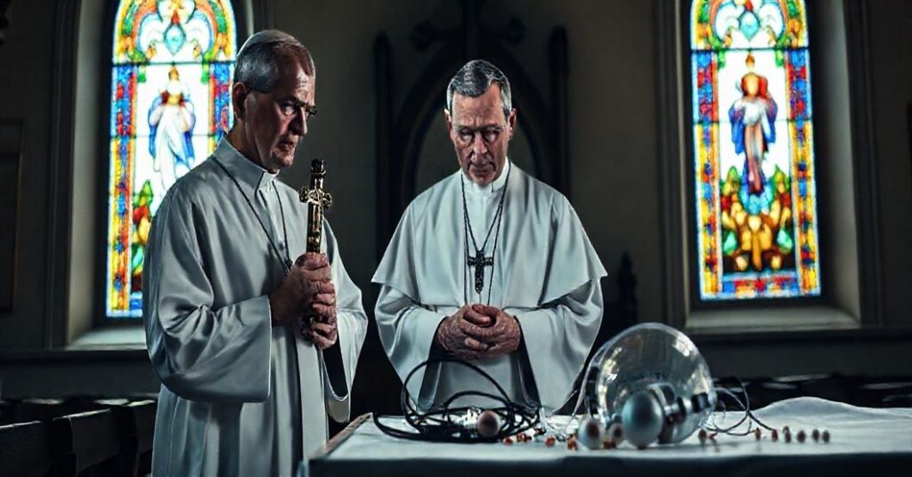 Ksiądz katolicki w tradycyjnym kościele patrząc z troską na sprzęt IVF symbolizujący niszczenie życia ludzkiego