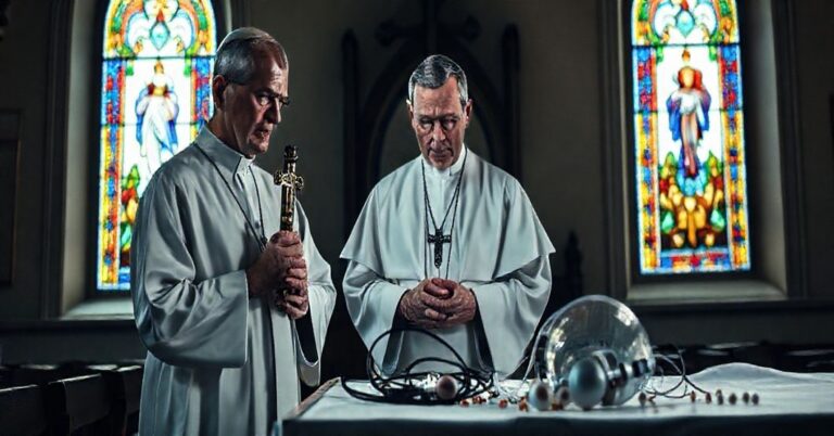 Ksiądz katolicki w tradycyjnym kościele patrząc z troską na sprzęt IVF symbolizujący niszczenie życia ludzkiego