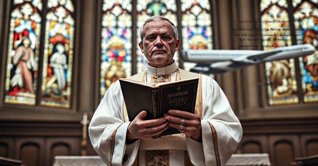 Traditionalny katolicki książ w szatach liturgicznych trzyma Katechizm Kościoła przed ołtarzem kościoła z witrażamami przedstawiającymi Chrystusa Króla.