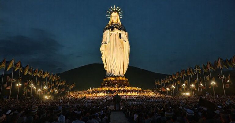 Realistyczny widok odsłonięcia 54-metrowego pomnika "Pani Fatimskiej" w Crato (Brazylia), otoczonego przez setki tysięcy osób i modernistycznego kleru