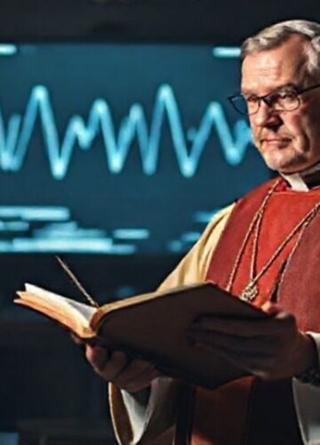 Krytyka teologiczna mechaniki kwantowej i nagrody Nobla Książę katolicki w tradycyjnych szatach trzyma Biblię i pióro w studium pełnym starożytnych ksiąg, z tłem z komputerem kwantowym