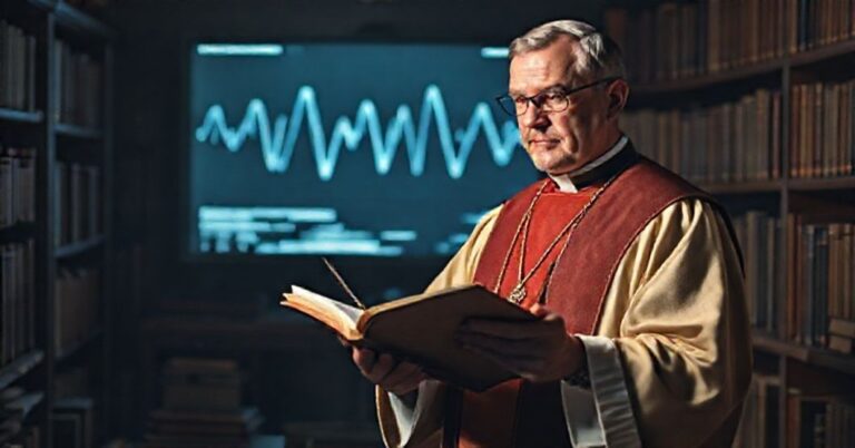 Książę katolicki w tradycyjnych szatach trzyma Biblię i pióro w studium pełnym starożytnych ksiąg, z tłem z komputerem kwantowym