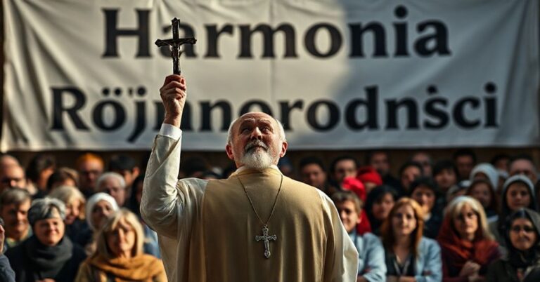 Ksiądz w tradycyjnych szatach kapłańskich trzyma krzyż przed tłumem z różnych religii, wyrażając zaniepokojenie wobec synkretyzmu