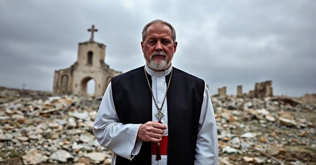 Katolicki książ w tradycyjnych szatach stoi przed zniszczonym krajobrazem, trzymał rozaniec, z poważnym wyrazem twarzy. Za nim widoczne są ruiny kościoła, symbolizują prześladowania chrześcijan w Strefie Gazy. Niebo jest pochmurzone, odzwierciedlając kryzys moralny i duchowy opisany w artykule.