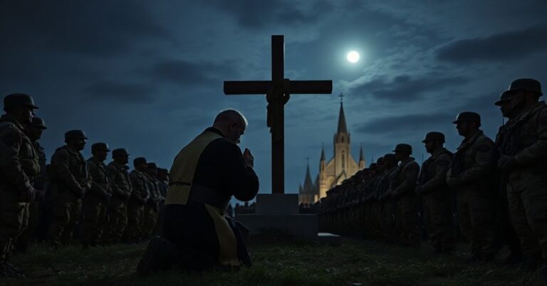 Katolicki ksiądz w tradycyjnych szatach modli się przed krzyżem na polu bitwy w Rumunii, otoczony żołnierzami w mundurach NATO.