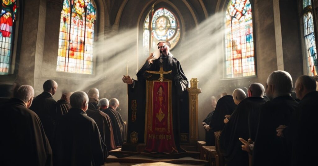 Wnętrze tradycyjnego kościoła katolickiego z biskupem w pełnym stroju liturgicznym przy ołtarzu. Scena jest poważna i pełna pokory. Na tle witraże przedstawiające Chrystusa Króla.