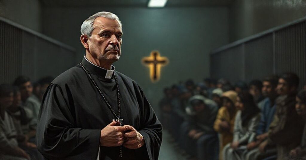 Ksiądz w tradycyjnym habicie stoi w oświetlonym oświetleniu ośrodku detencyjnego dla imigrantów, trzymając różaniec i patrząc smutno na grupę zatrzymanych