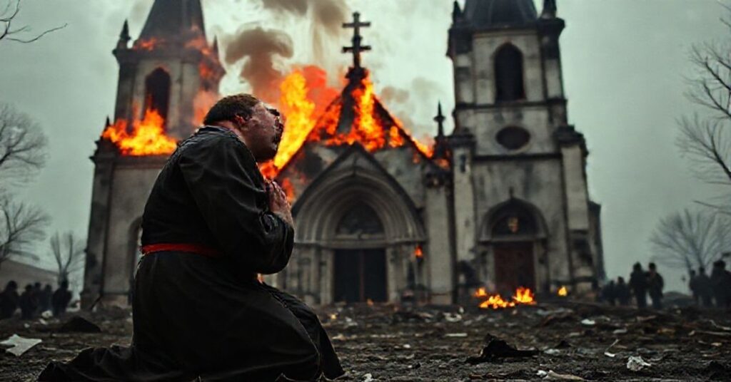 Kneeling priest in traditional vestments praying before a burning building, symbolizing moral crisis and need for spiritual renewal in Poland.