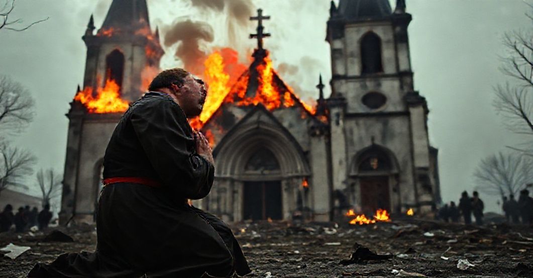 Kneeling priest in traditional vestments praying before a burning building, symbolizing moral crisis and need for spiritual renewal in Poland.