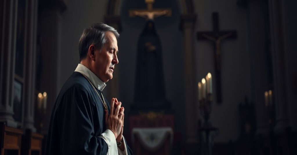 Kneeling Catholic priest in traditional vestments praying before a crucifix with a shadowy figure of death in the background, symbolizing the moral crisis of legalized euthanasia.