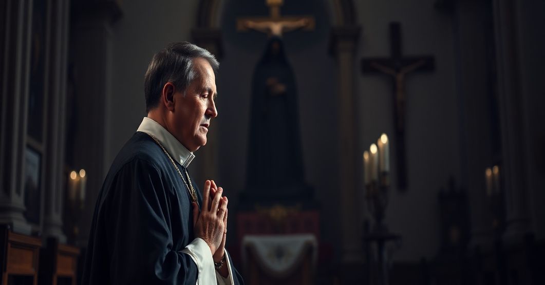 Kneeling Catholic priest in traditional vestments praying before a crucifix with a shadowy figure of death in the background, symbolizing the moral crisis of legalized euthanasia.