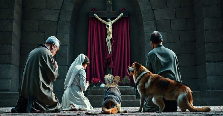 Tradycyjna rodzina katolicka modli się przed krzyżem na tle chaosu i ataków psów, symbolizujących kryzys moralny i potrzebę nawrócenia.