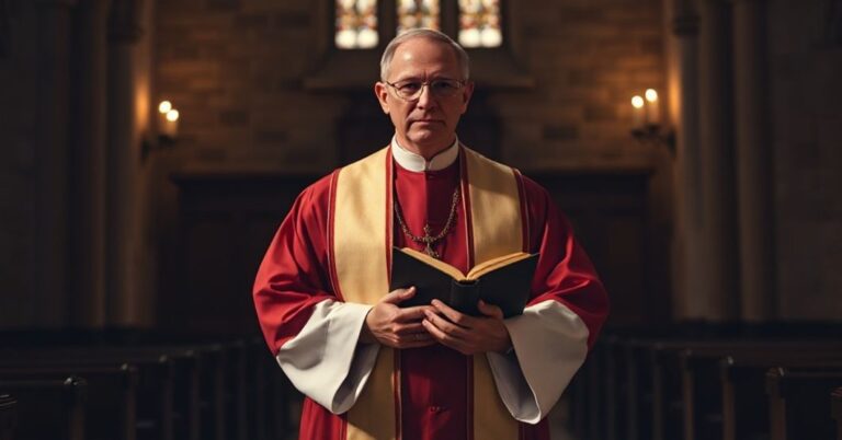 Ksiądz w tradycyjnych szatach liturgicznych trzymając Biblię w cichnym kościele, otoczony świetliskami świec. Scena podkreśla kryzys duchowy Kanady oddalonej od Chrystusa Króla.