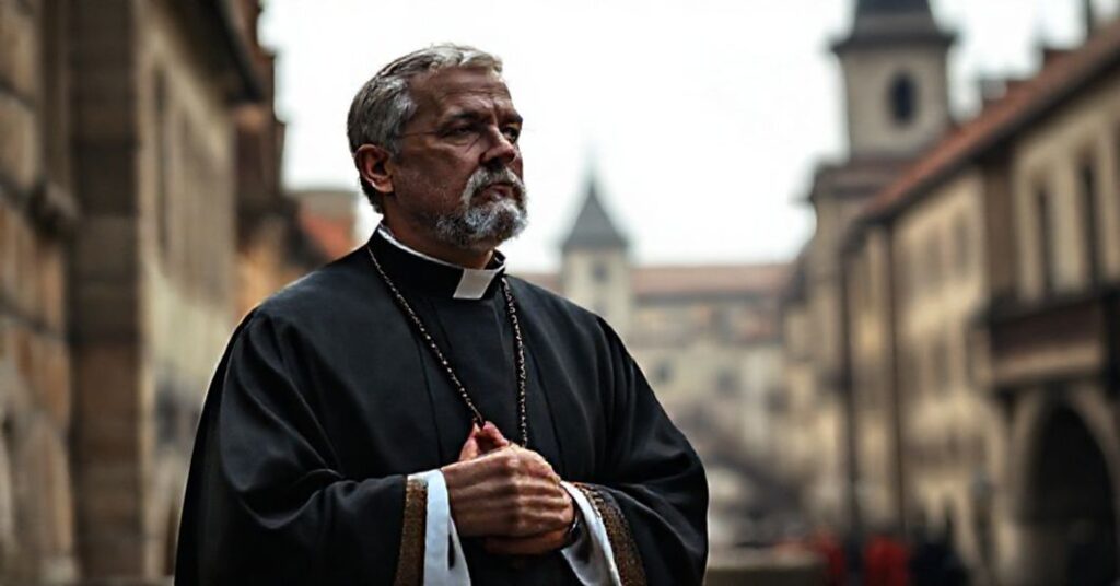 Ksiądz w tradycyjnych szatach liturgicznych modli się w średniowiecznym mieście, symbolizując duchową kryzys pokoju bez królowania Chrystusa.
