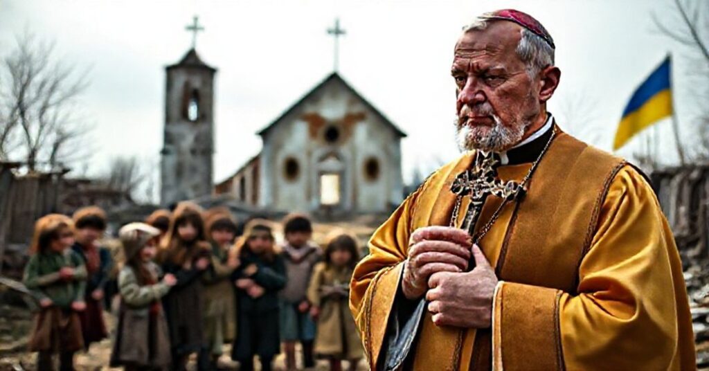Kleryk w tradycyjnych szatach liturgicznych modli się nad deportowanymi dziećmi na tle zniszczonej wioski ukraińskiej.
