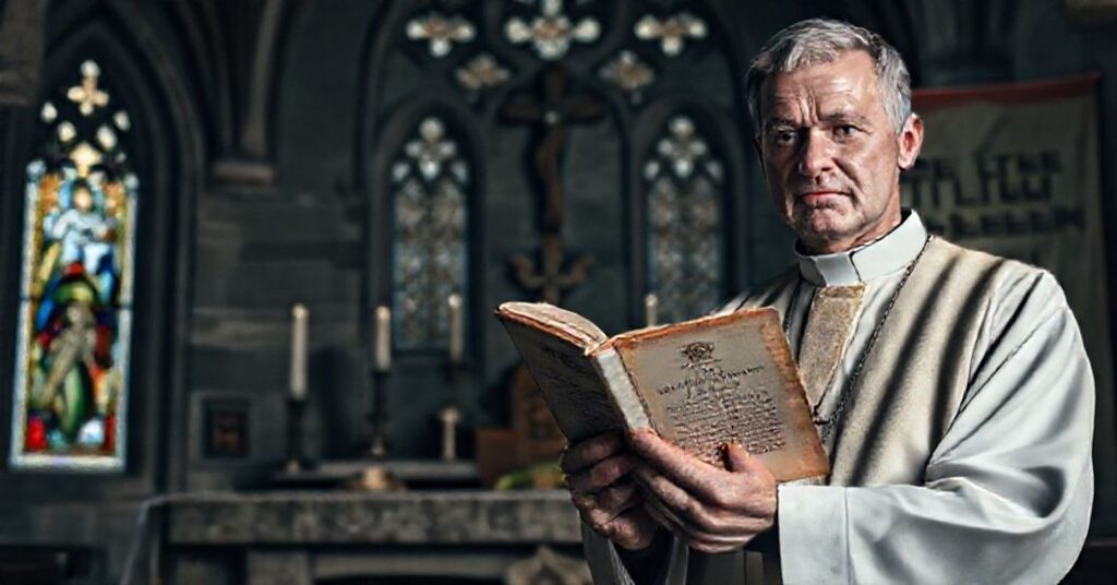 Praktykujący katolicki kapłan w tradycyjnych szatach liturgicznych przed ołtarzem z krzyżem i świecami, trzymając kopię Lamentabili Sane Exitu w atmosferze refleksyjnej