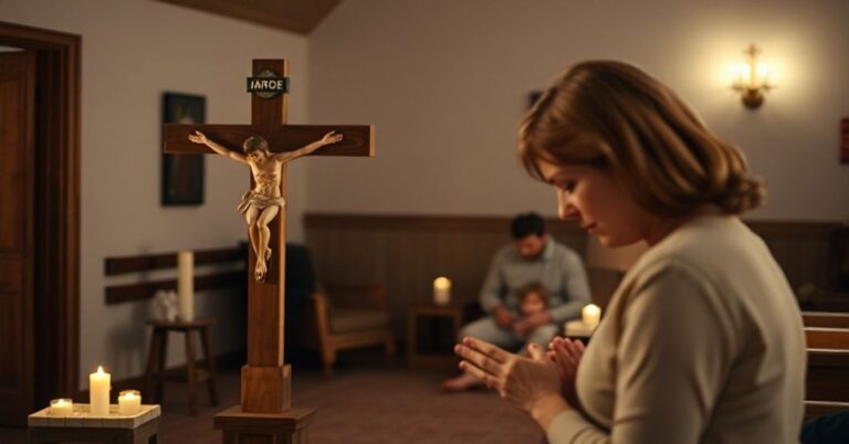 Tradycyjna scenografia katolicka z krzyżem i modlącą się kobietą w kościele