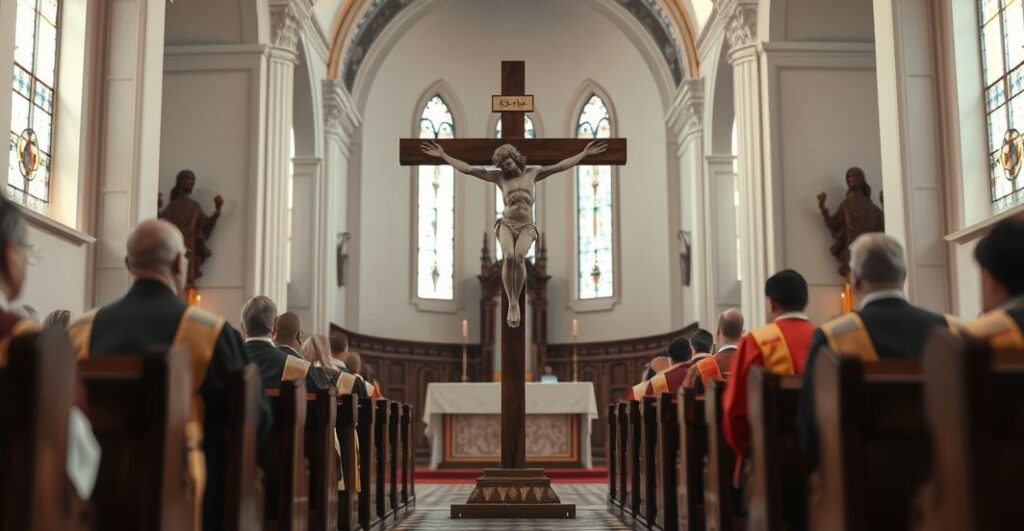 Reverent Catholic church interior z krucyfiksem i kapłanami podczas liturgii, refleksja nad Ofiarą Chrystusa