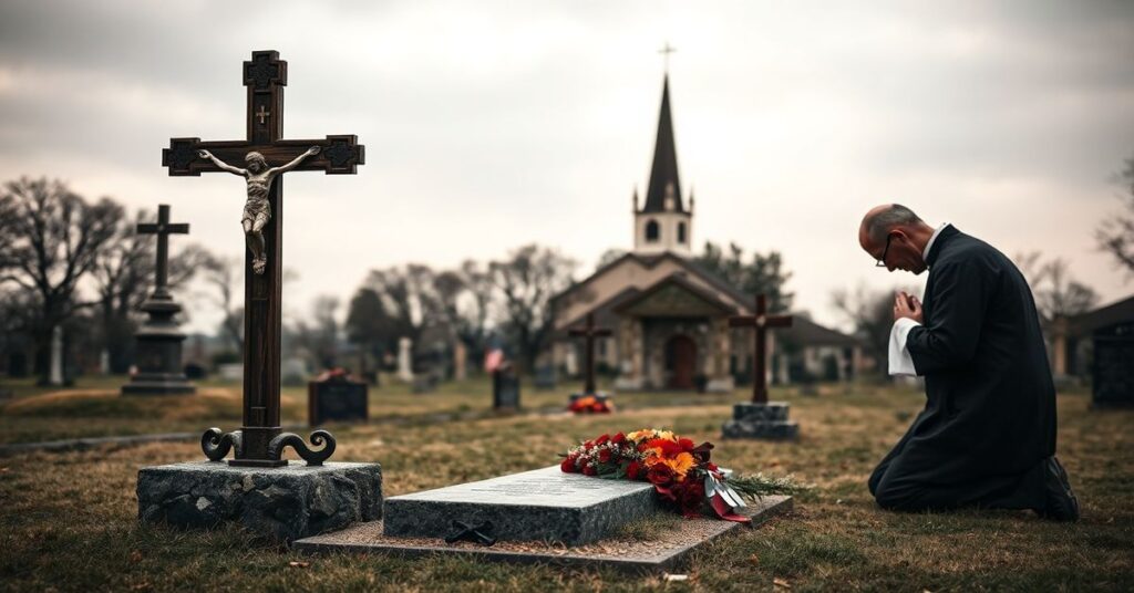 Tradycyjny katolicki krzyż na grobie weterana na cmentarzu przy starych kamiennych krzyżach i dzwonnicy kościoła na tle chmur. Kapłan w tradycyjnym habitacie modli się u grobu.