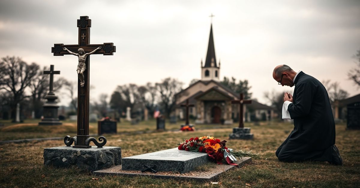 Tradycyjny katolicki krzyż na grobie weterana na cmentarzu przy starych kamiennych krzyżach i dzwonnicy kościoła na tle chmur. Kapłan w tradycyjnym habitacie modli się u grobu.