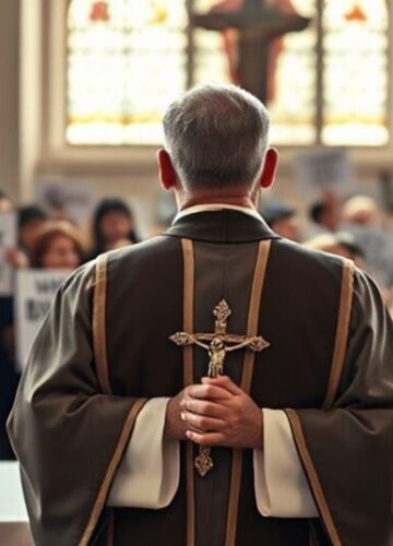 Ks. broni życia -Пропаганда aborcji wobec niezmiennej doktryny katolickiej Ks. w tradycyjnych szatach liturgicznych stoi przed ołtarzem z krzyżem, patrząc na demonstrantów popierających aborcję