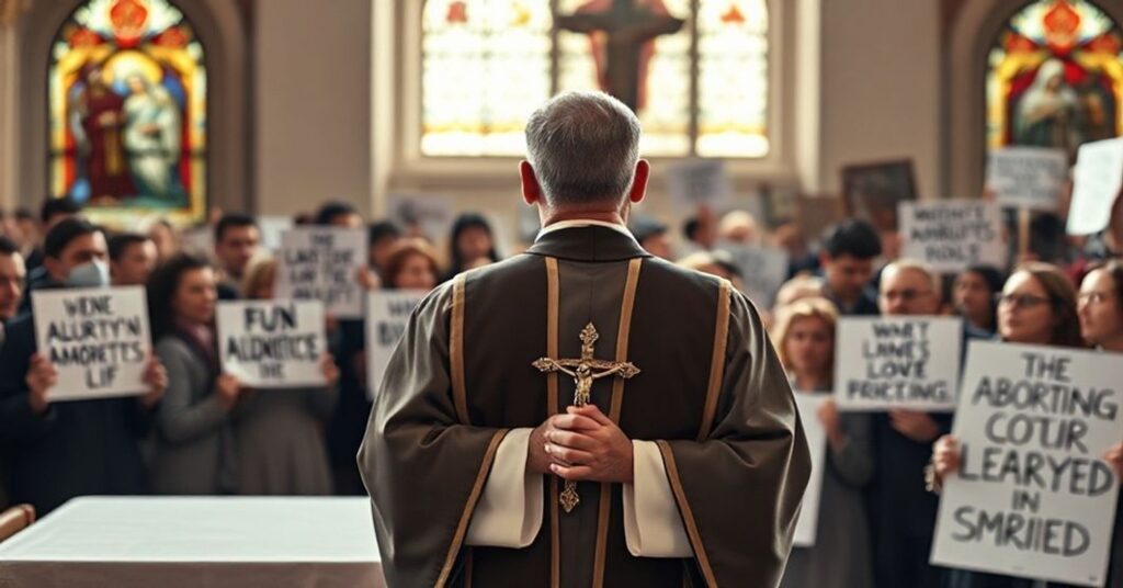 Ks. w tradycyjnych szatach liturgicznych stoi przed ołtarzem z krzyżem, patrząc na demonstrantów popierających aborcję