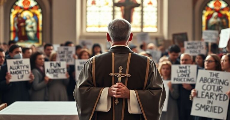Ks. w tradycyjnych szatach liturgicznych stoi przed ołtarzem z krzyżem, patrząc na demonstrantów popierających aborcję