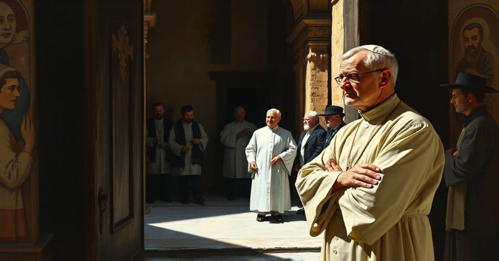 Zaniepokojony katolicki ksiądz w tradycyjnym sutannie stoi przy wejściu do rzymskiej synagogi w 1986 roku, obserwując modernistyczną postacią w białych szatach wchodzącą do środka.