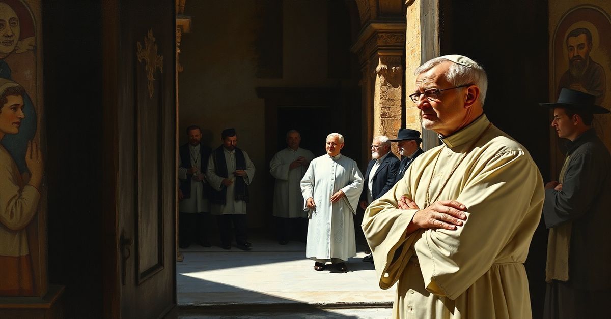 Zaniepokojony katolicki ksiądz w tradycyjnym sutannie stoi przy wejściu do rzymskiej synagogi w 1986 roku, obserwując modernistyczną postacią w białych szatach wchodzącą do środka.