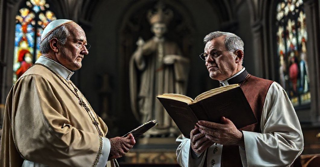 Krytyka modernizmu w nauczaniu katolickim Ksiądz w tradycyjnych szatach kościelnych stoi przed rzeźbą Papieża św. Piusa X, trzymając księgę z tytułem 'Syllabus Errorum'. Na tle widoczna jest zdeformowana rzeźba Jana Pawła II otoczona elementami nowoczesnego modernizmu.