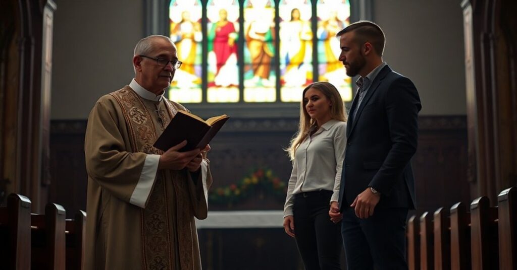 Ksiądz katolicki w tradycyjnych habitach stojący w kościele z Biblią w ręku, patrząc na parę homoseksualną Tomasza i Pawła