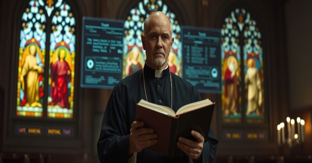 Katolicki ksiądz w sutannie w kaplicy z witrażami przedstawiającymi Sąd Ostateczny, trzymający zamkniętą książkę o etyce filozoficznej.