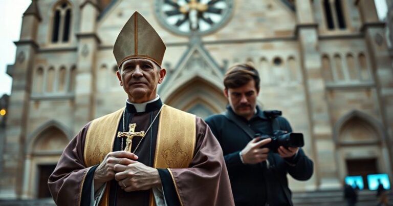 Ksiądz katolicki trzymający krucyfiks w porównaniu z dziennikarzem w nowoczesnym stroju symbolizującym światowe media