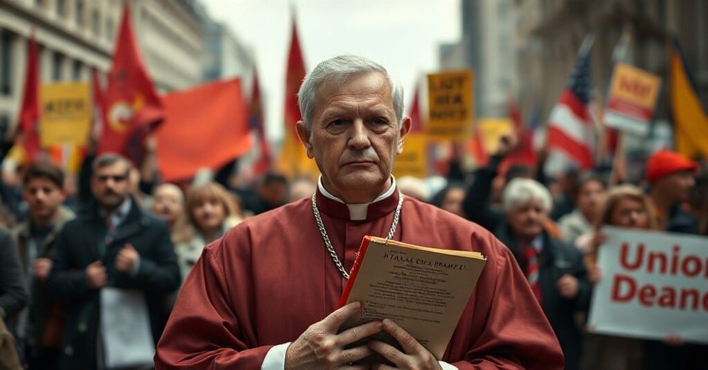 Tradycyjny katolicki ksiądz w szatach liturgicznych stoi przed zebraniem związkowców, trzymając kopię encykliki Quas Primas Piusa XI. Scena ujawnia konflikt między misją Kościoła a nowoczesnym ruchom społecznym.