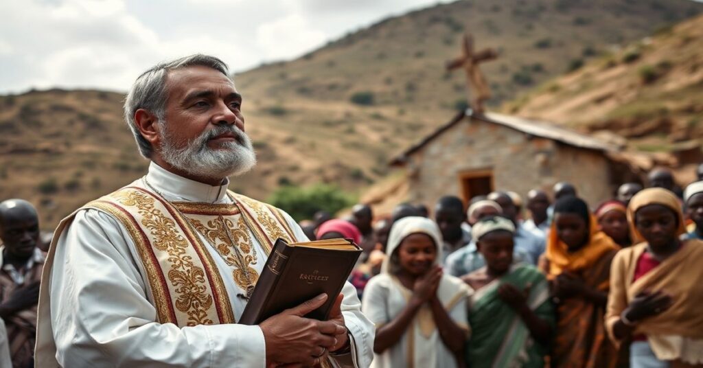 Tradycyjny ksiądz katolicki w białych i złotych szatach stojący przed prostą afrykańską kapliczką z krzyżem na wzgórzu, otoczony wiernymi w modlitwie.