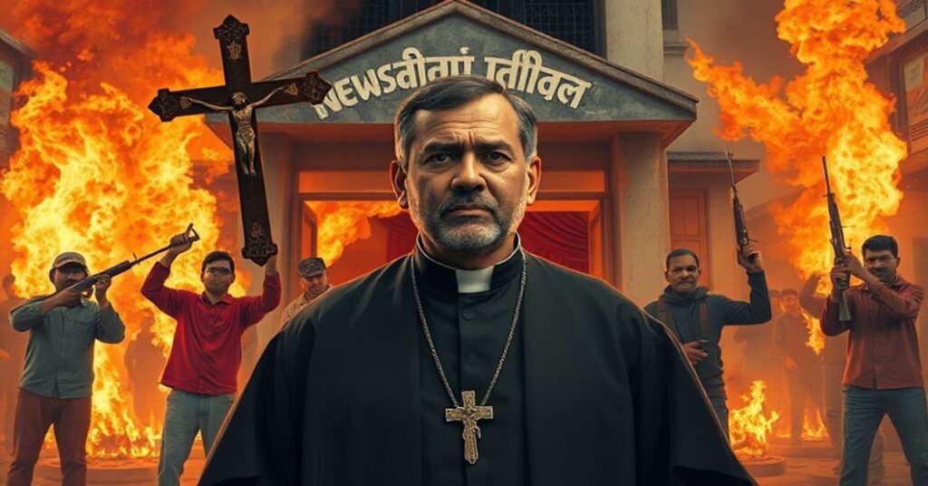 Prawdziwy katolicki ksiĘdz stoi przed palącym się budynkiem gazety w Bangladeszu, symbolizując walkę prawdziwej nauki kościelnej z nowoczesną herezją