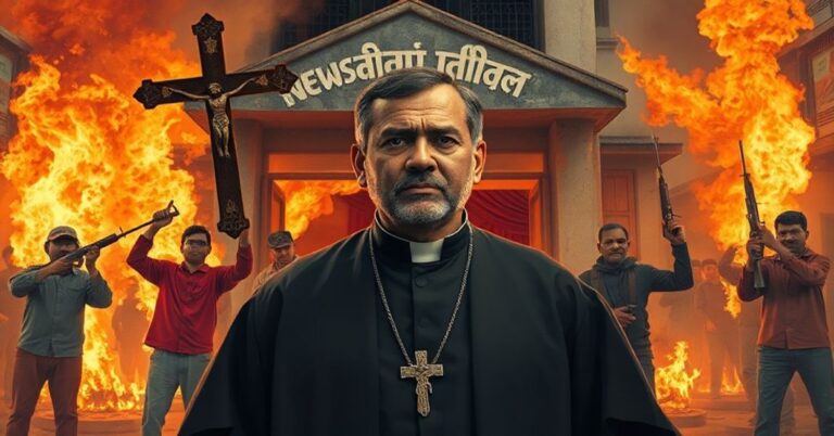 Prawdziwy katolicki ksiĘdz stoi przed palącym się budynkiem gazety w Bangladeszu, symbolizując walkę prawdziwej nauki kościelnej z nowoczesną herezją
