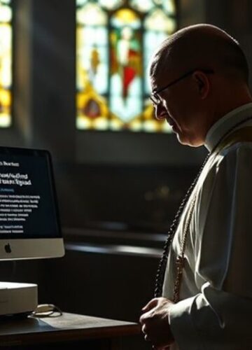 Cenzura internetowa w Kanadzie - katolicka perspektywa Katiański ksiądz w tradycyjnych szatach kościelnych trzyma różaniec i patrzy na monitor komputera z ostrzeżeniem rządu o cenzurze internetowej. Promienie słońca przez witraże w kościele.