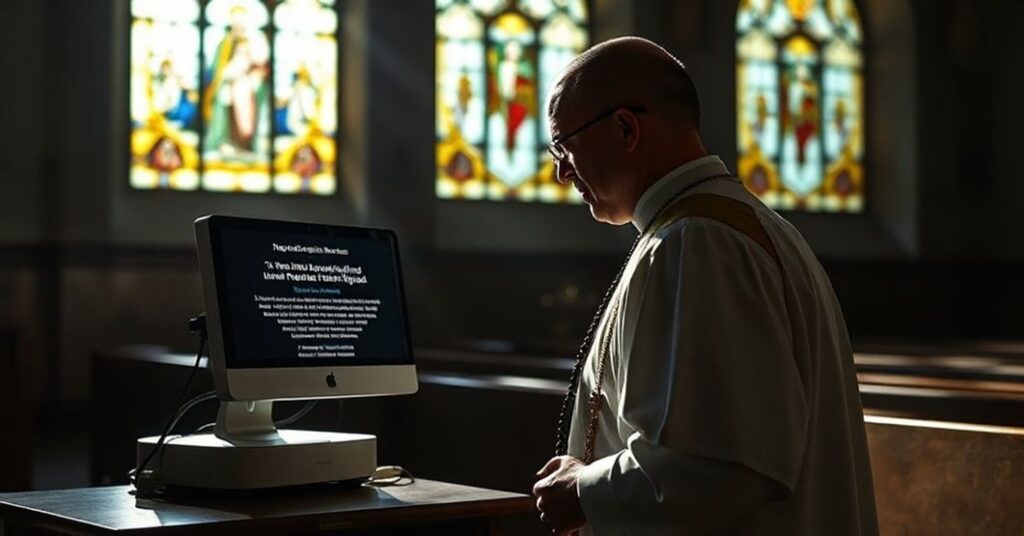 Katiański ksiądz w tradycyjnych szatach kościelnych trzyma różaniec i patrzy na monitor komputera z ostrzeżeniem rządu o cenzurze internetowej. Promienie słońca przez witraże w kościele.