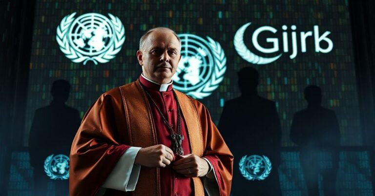 Ksiądz katolicki w tradycyjnych szatach stoi przed cyfrowym ekranem prezentującym technokratyczne symbole, trzymając różaniec. W tle widoczne są logo ONZ i Fundacji Gatesów.