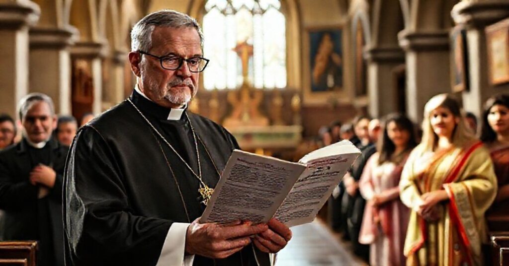 Ksiądz w tradycyjnych szatach liturgicznych stoi przed ołtarzem kościoła gotyckiego, trzymając wydanie International Journal of Infectious Diseases. Parafianie w tle wyrazają zaniepokojenie. Scena jest naturalnie oświetlona, podkreślając powagę i moralną czystość.