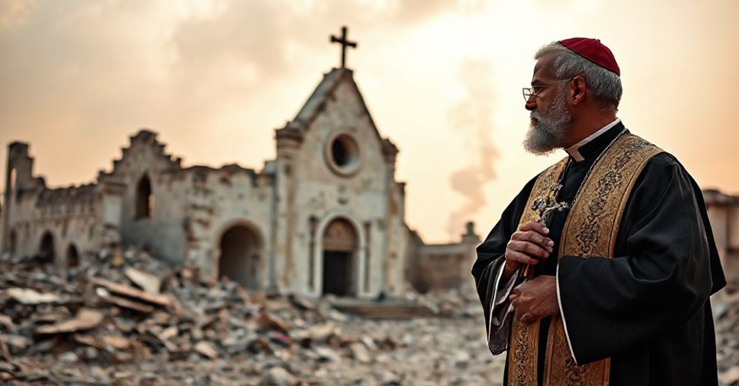 Ksiądz katolicki w tradycyjnych ornatach stoi przed zburzonym kościołem w Gazie, trzymając krzyż podczas patrzenia na zniszczenia spowodowane konfliktem.