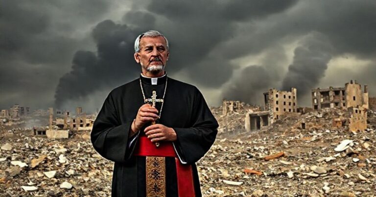 Katoicki ksiądz w tradycyjnych szatach liturgicznych stoi przed zniszczoną Gazą, trzymając krzyż i patrząc na zrujnowane miasto.