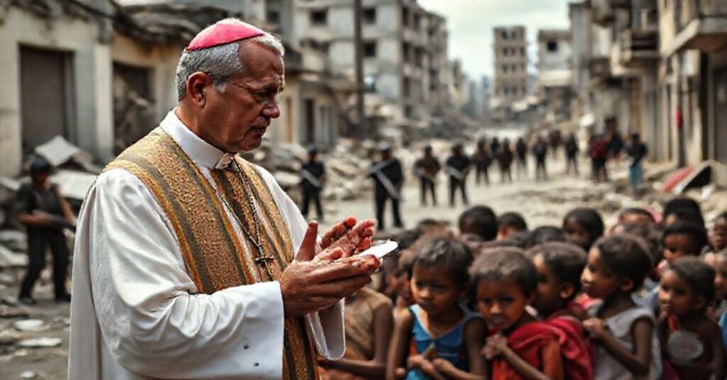 Katolicki ksiądz w tradycyjnych szatach liturgicznych udziela sakramentu pokuty przesiedlonym dzieciom na zniszczonych ulicach Haiti.