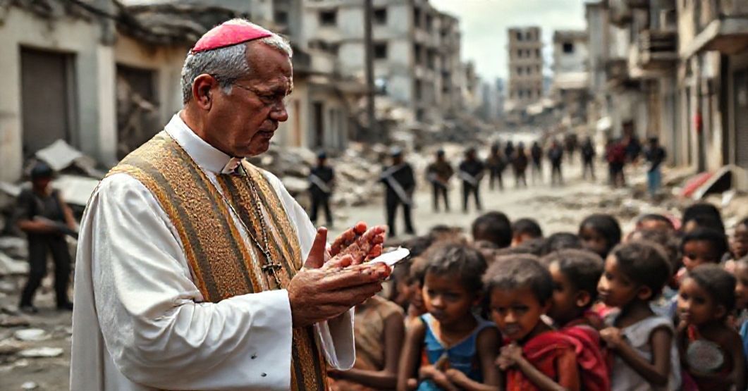 Katolicki ksiądz w tradycyjnych szatach liturgicznych udziela sakramentu pokuty przesiedlonym dzieciom na zniszczonych ulicach Haiti.
