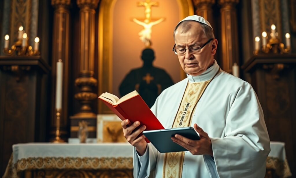 Tradycyjny katolicki ksiądz w ornacie liturgicznym stoi przed ołtarzem z krzyżem, obok cieniasta postać symbolizująca AI.
